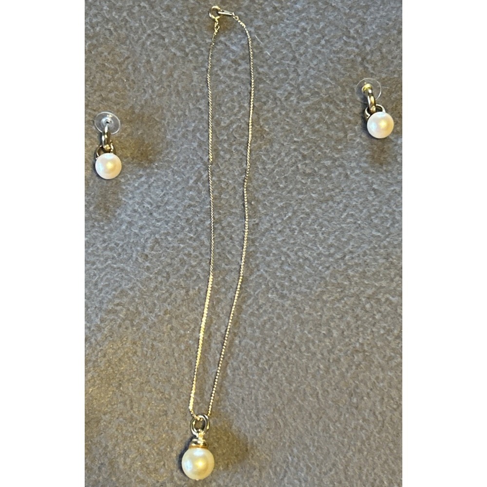 Vtg Dangle Faux Pearl Earrings & Pendant Necklace Gold Tone Jewelry Set 14.5"